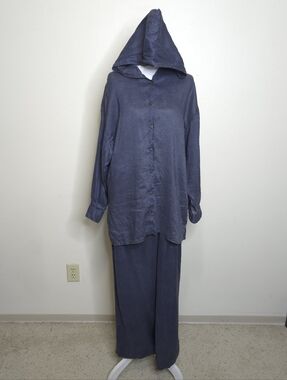 Kenar Studio 100% Linen Lagenlook Set Hooded Button Up & Pants Navy Blue Small